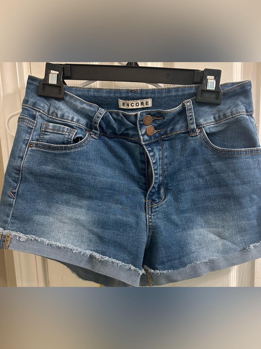 Encore Jeans Raw Hem Denim Shorts in Blue Wash